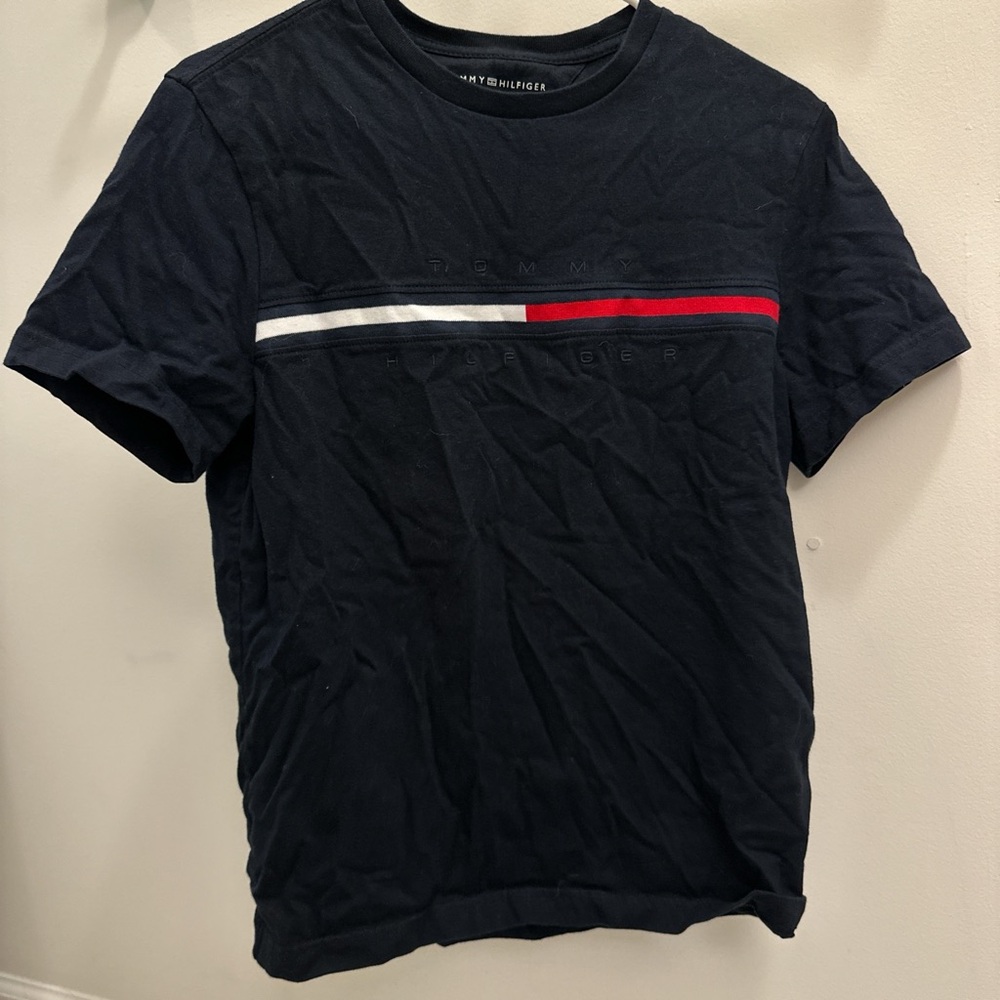Tommy Hilfiger Men's Navy T-Shirt with Red and White Stripes